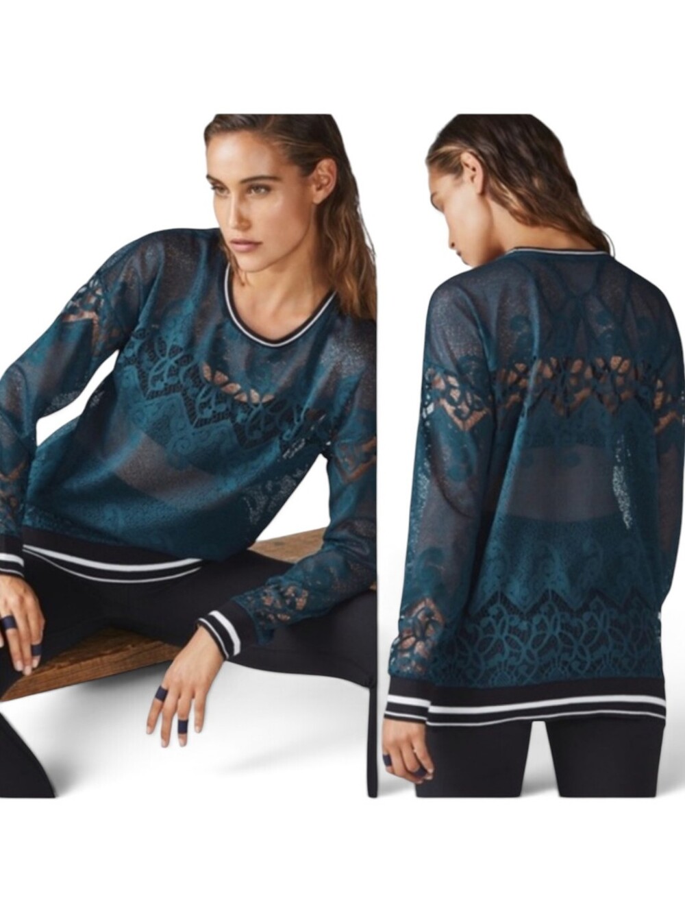 Fabletics Dark Teal Sheer Mesh Lace Pullover with Stripe Trim Long Top Sz M